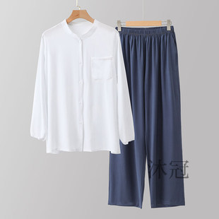 男士绵绸长袖长裤套装夏凉快中老年爸爸外穿宽松人造棉开衫家居服