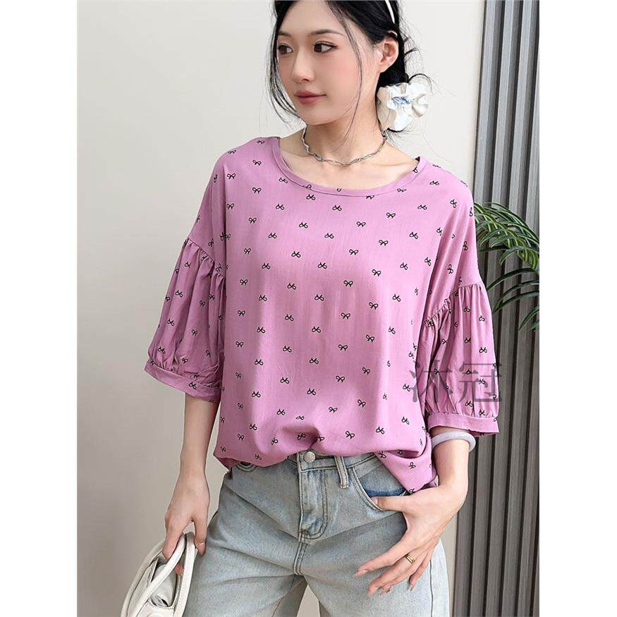 棉绸圆领T恤衫女夏2025韩版七分袖减龄娃娃衫人造棉百搭汗衫上衣