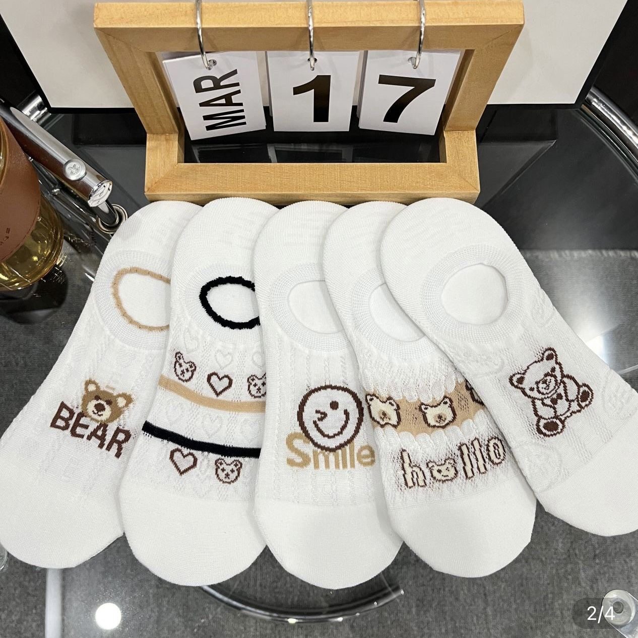 女生白色袜子女士舒适船袜棉袜短袜可爱小熊图案防臭吸汗浅口袜