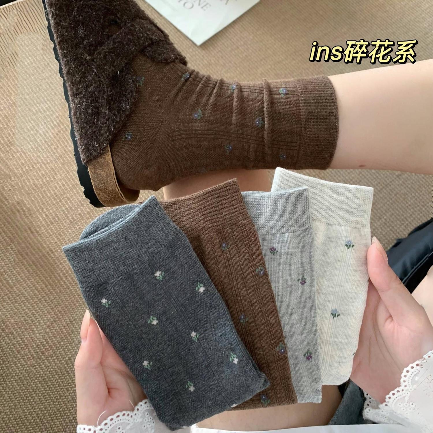 袜子女秋冬高腰中长款小碎花氛围感ins潮袜舒适透气袜子女不勒脚
