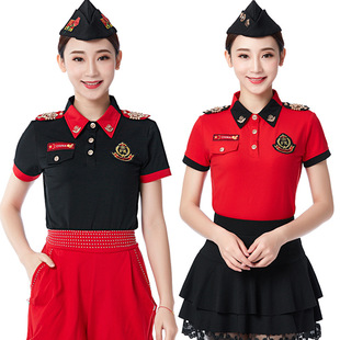 水兵舞服装女翻领修身短袖T恤广场舞团体演出上衣男长袖套装