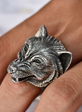 泰国立体狼头男士朋克风纯银戒指