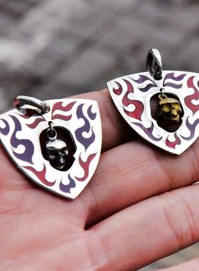 男女潮朋克摇滚烤漆火焰骷髅头拨片造型泰银吊坠925纯银项链挂件