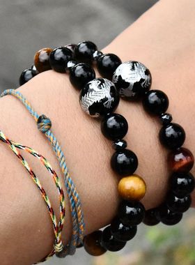泰国进口男女小众潮精雕飞龙珠子红黄虎睛石黑玛瑙圆珠串水晶手链