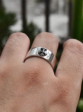 进口男士925纯银简约十字花戒指