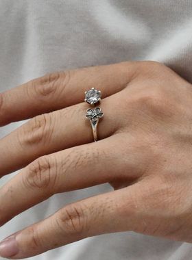 可调节锆石开口泰银戒指复古花朵