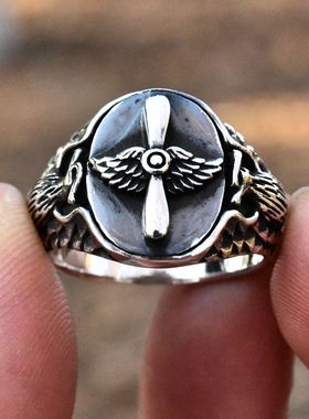 泰国进口男女款朋克欧美雄鹰标志空军螺旋桨泰银戒指925纯银指环