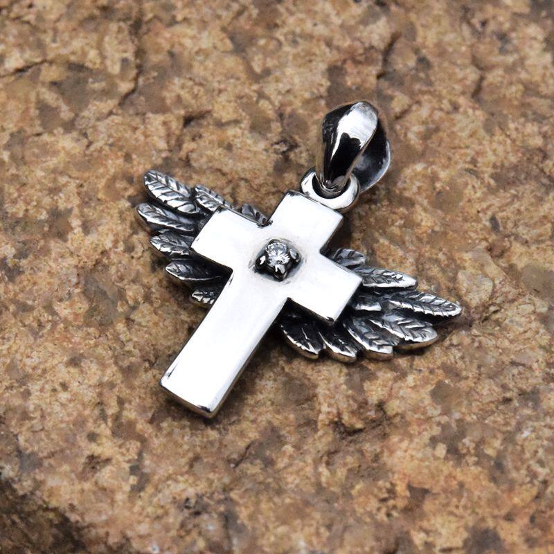 泰国进口镶白钻天使之翼守护十字架泰银吊坠925纯银翅膀男女挂件