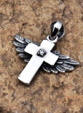 泰国进口镶白钻天使之翼守护十字架泰银吊坠925纯银翅膀男女挂件