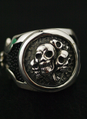 进口男士925纯银珍珠鱼皮骷髅戒