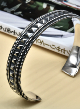 泰国复古朋克风铆钉男士纯银手环