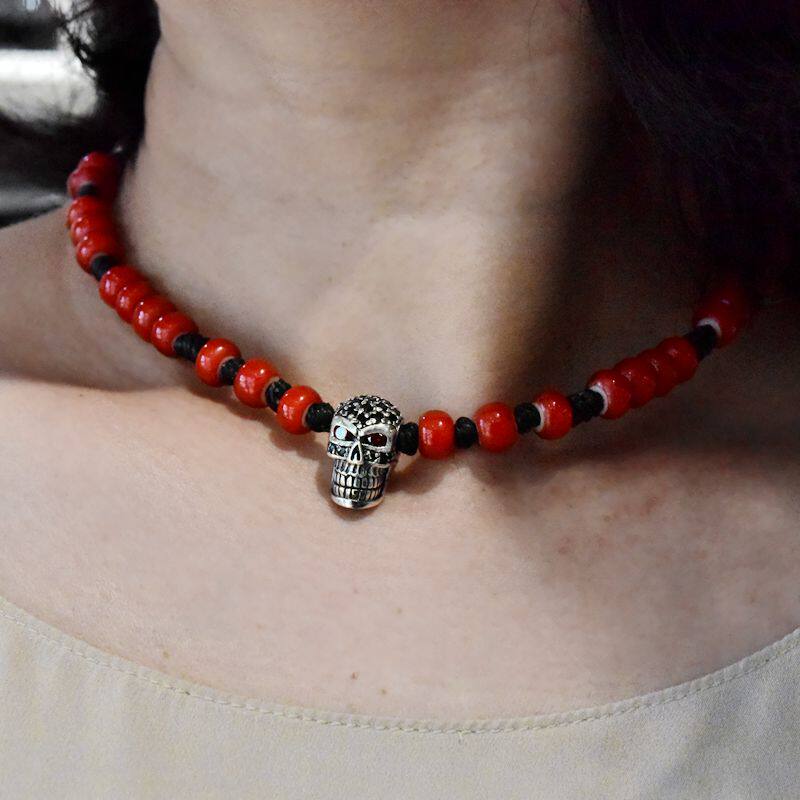 男女款复古编织非洲红色手工琉璃珠925纯银镶钻骷髅头锁骨链项链
