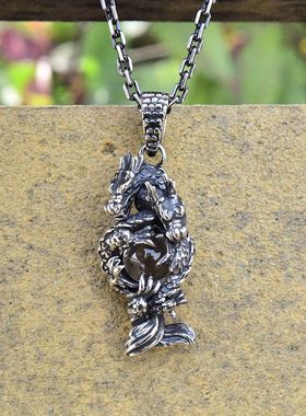 OV国潮双龙戏珠男复古款泰银吊坠925纯银镶嵌白水晶珠子盘龙挂件