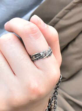 进口女士925纯银镶钻羽毛小戒指