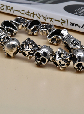 进口男士925纯银十字骷髅头手链