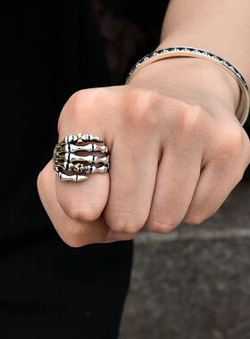 进口男士925纯银朋克骷髅手戒指