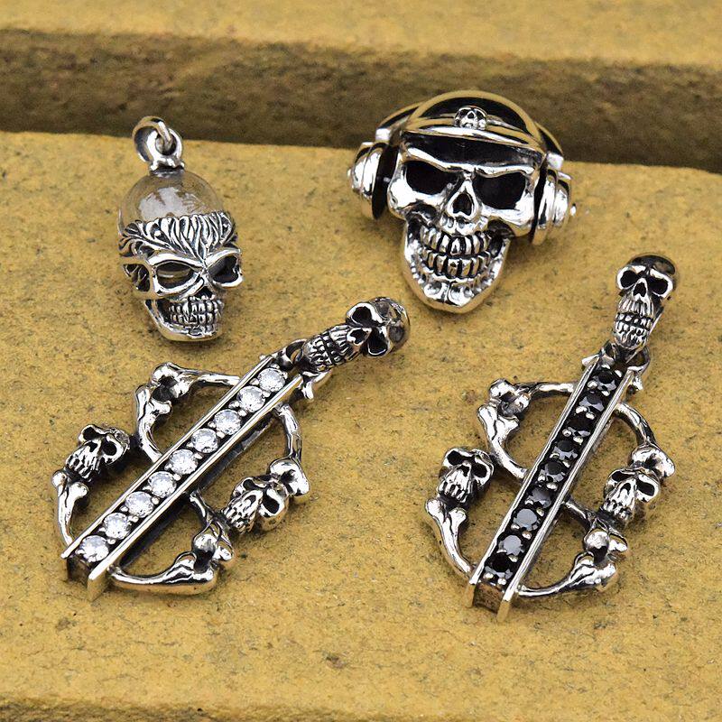 孤品进口925纯银戴耳机额骷髅头镶钻美金符号男女嘻哈潮泰银吊坠