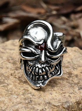 进口男士925纯银朋克骷髅头戒指
