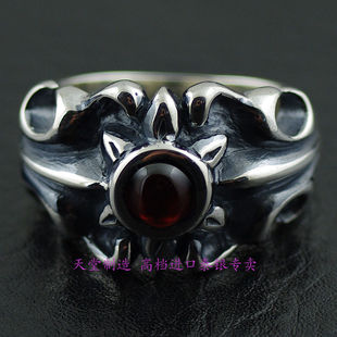 泰国进口镶嵌天然暗红石榴石复古十字纹章男款朋克泰银戒指