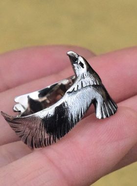 男女复古款欧美风印第安雄鹰泰银开口戒指925纯银老鹰指环可调节