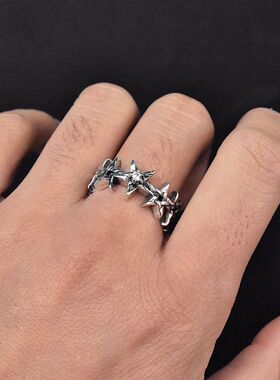 进口中性款925纯银哥特五星戒指