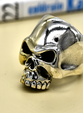 进口男士银铜混搭骷髅头大颗戒指