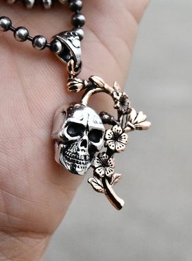 OV银铜混搭男女士朋克日系樱花骷髅头泰银吊坠925纯银小众款挂件