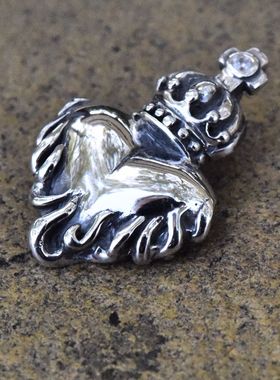 男女复古镶钻十字皇冠火焰爱心泰银吊坠925纯银炽热的心项链挂件