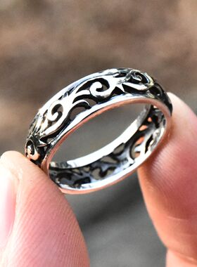 进口男女款925纯银镂空复古戒指