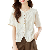 优雅刺绣圆领五分袖衬衫显瘦百搭气质上衣，女装衬衫，可风各