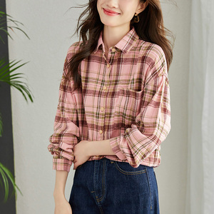 新款寬松格子襯衫女長(zhǎng)袖百搭休閑襯衣時(shí)尚潮流圖片
