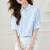 时尚百搭翻领口袋短袖衬衫女夏季新款宽松显瘦上衣，女装衬衫，可风各