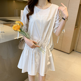 时尚宽松显瘦白色连衣裙女夏季新款韩版气质百搭抽绳收腰短袖裙子，女装连衣裙，可风各