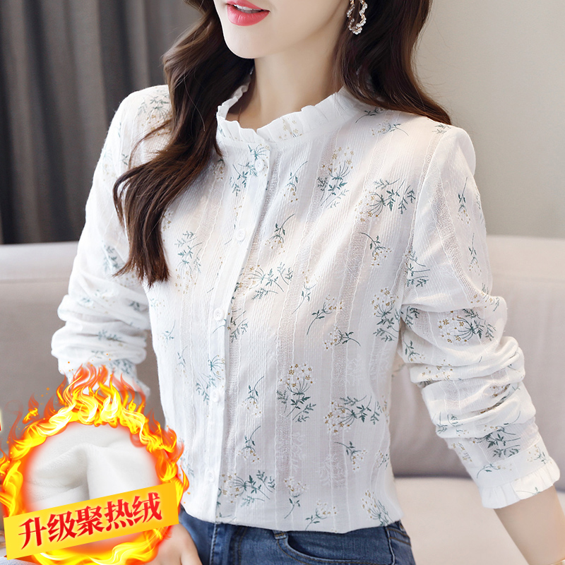 2227衬衫加绒保暖刺绣上衣女长袖纯棉木耳领修身打底衫，女装衬衫，可风各