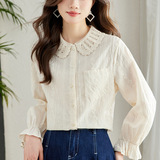 优雅刺绣花边领衬衫百搭显瘦长袖上衣，女装衬衫，可风各