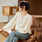 可风各长袖衬衫58134P78K124.8灯笼袖V领气质绣花衬衫，女装衬衫，可风各