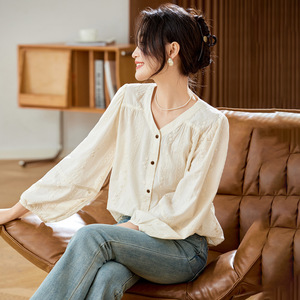 可风各长袖衬衫58134P78K124.8灯笼袖V领气质绣花衬衫，女装衬衫，可风各