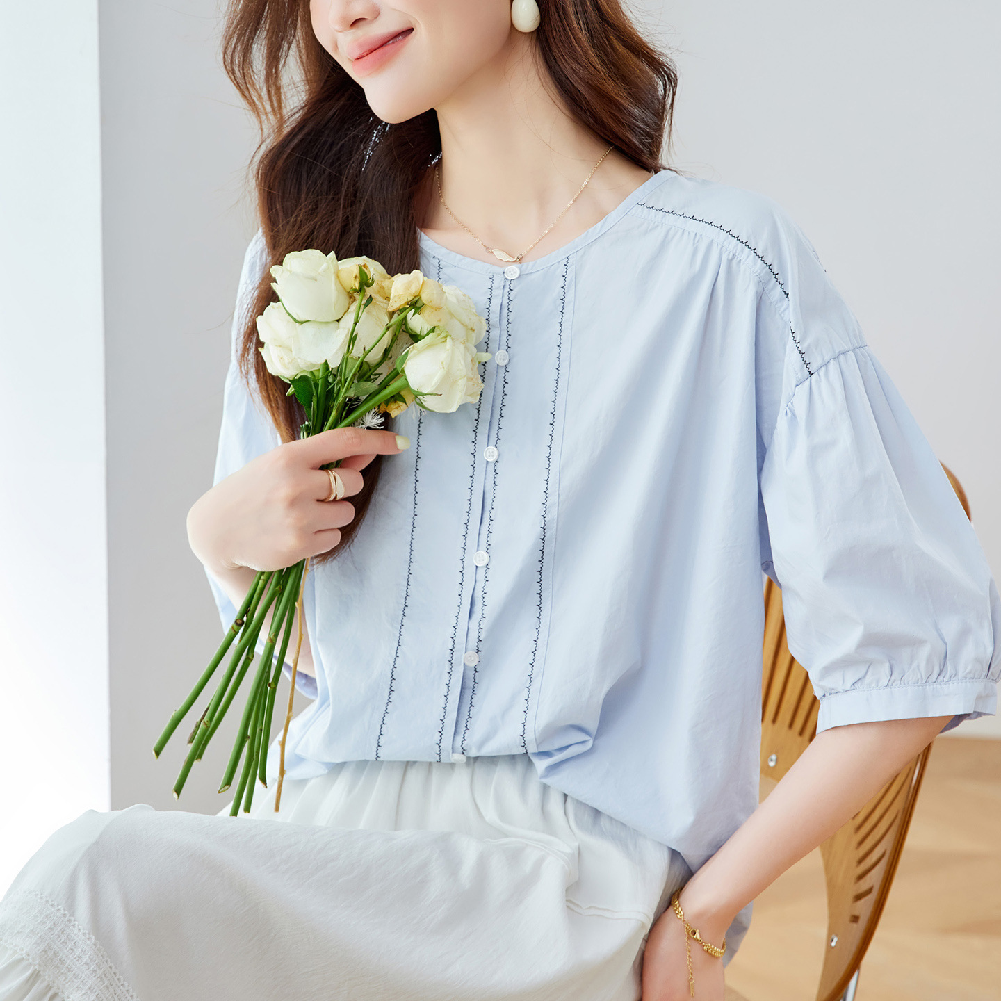 可风各短袖衬衫55106P68K108.8法式撞色明线刺绣设计短袖衬衫,女装衬衫,可风各 可风各短袖衬衫55106P68K108.8法式撞色明线刺绣设计短袖衬衫,女装衬衫,可风各