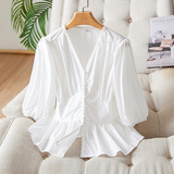 甜美V领五分袖衬衫女宽松显瘦百搭上衣，女装衬衫，可风各