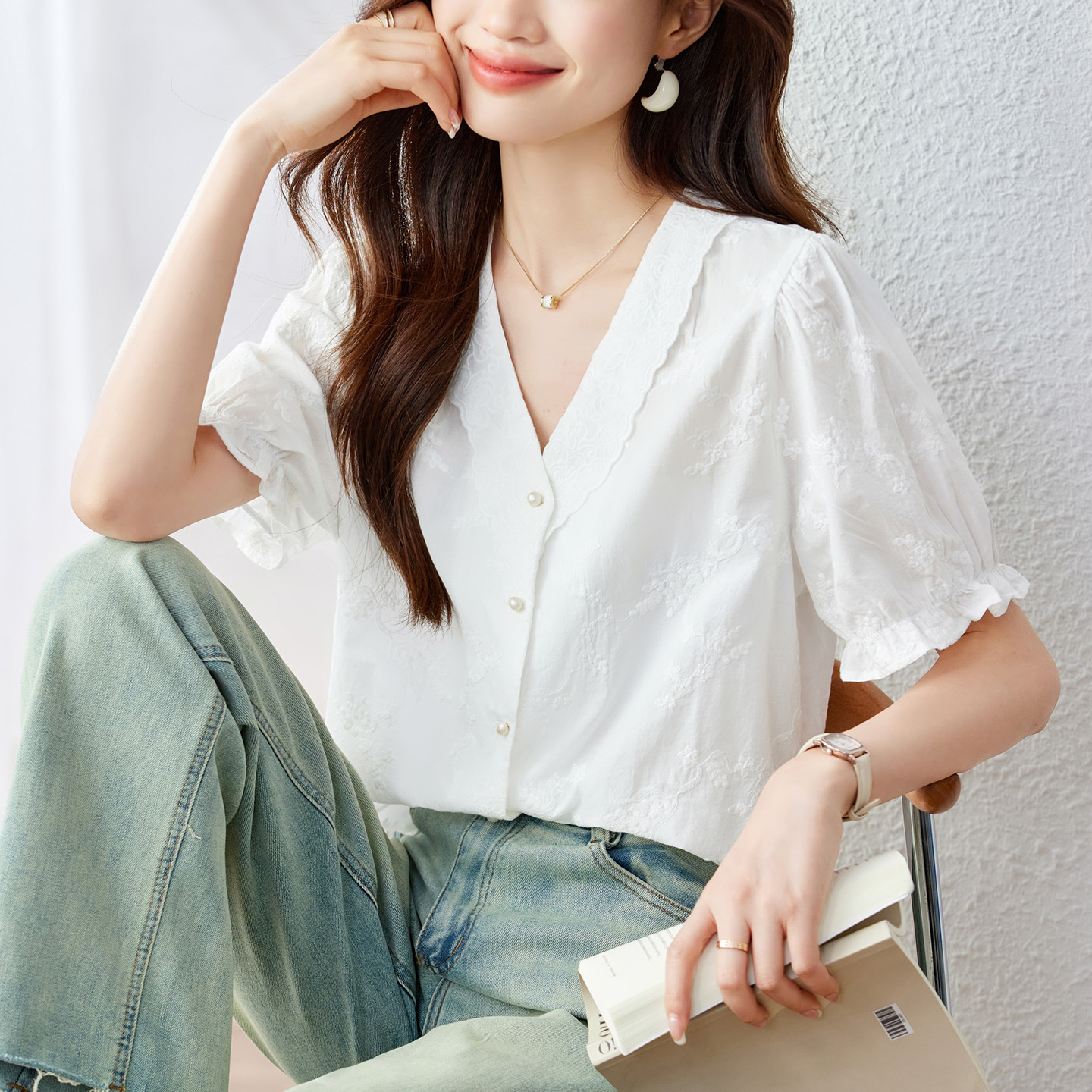 可风各短袖衬衫54030P75K120法式百搭v领短袖衬衫女，女装衬衫，可风各