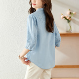 蓝色绣花衬衫女夏季新款通勤气质纯棉上衣，女装衬衫，可风各