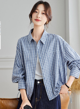 可风各长袖衬衫58065P89K124.4蓝色格子衬衫女长袖
