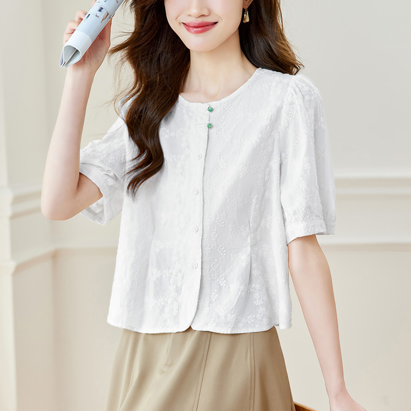 时尚百搭圆领短袖衬衫女夏季新款宽松显瘦上衣，女装衬衫，可风各