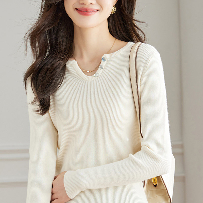 法式三粒扣纯色显瘦针织衫优雅坑条线衫毛衣，女装针织衫/毛衣，可风各