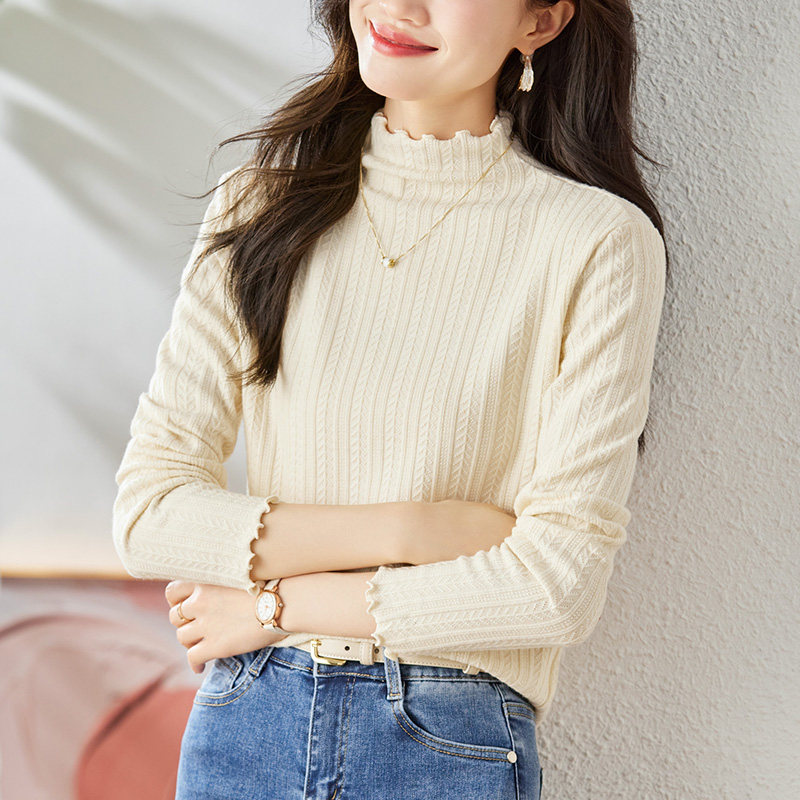半高领针织衫女秋季复古保暖内搭修身显瘦长袖上衣,女装T恤,可风各
