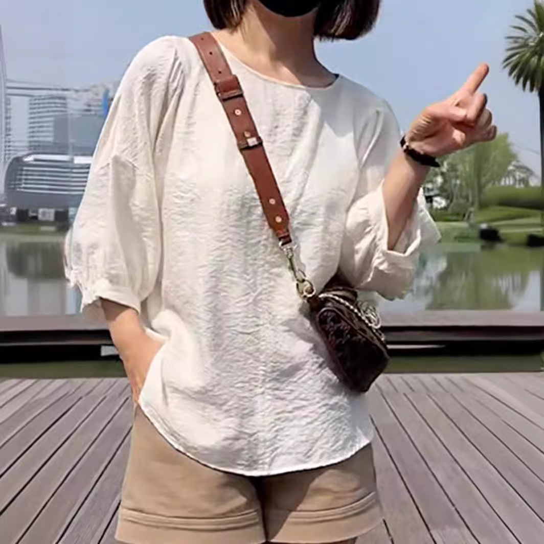 时尚宽松圆领花边短袖衬衫显瘦百搭休闲上衣，女装衬衫，可风各