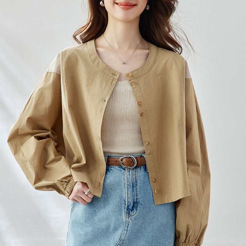 蝙蝠型圆领单排扣休闲长袖衬衫女2025春新款宽松韩版短款衬衣外套，女装衬衫，可风各
