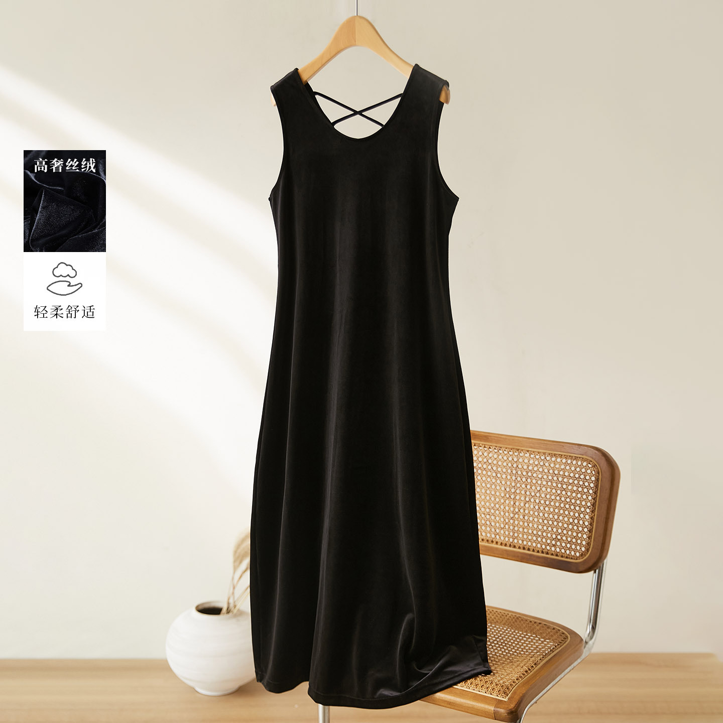可风各金丝绒吊带连衣裙57060P97K155.2后背交叉高品质长裙女，女装连衣裙，可风各