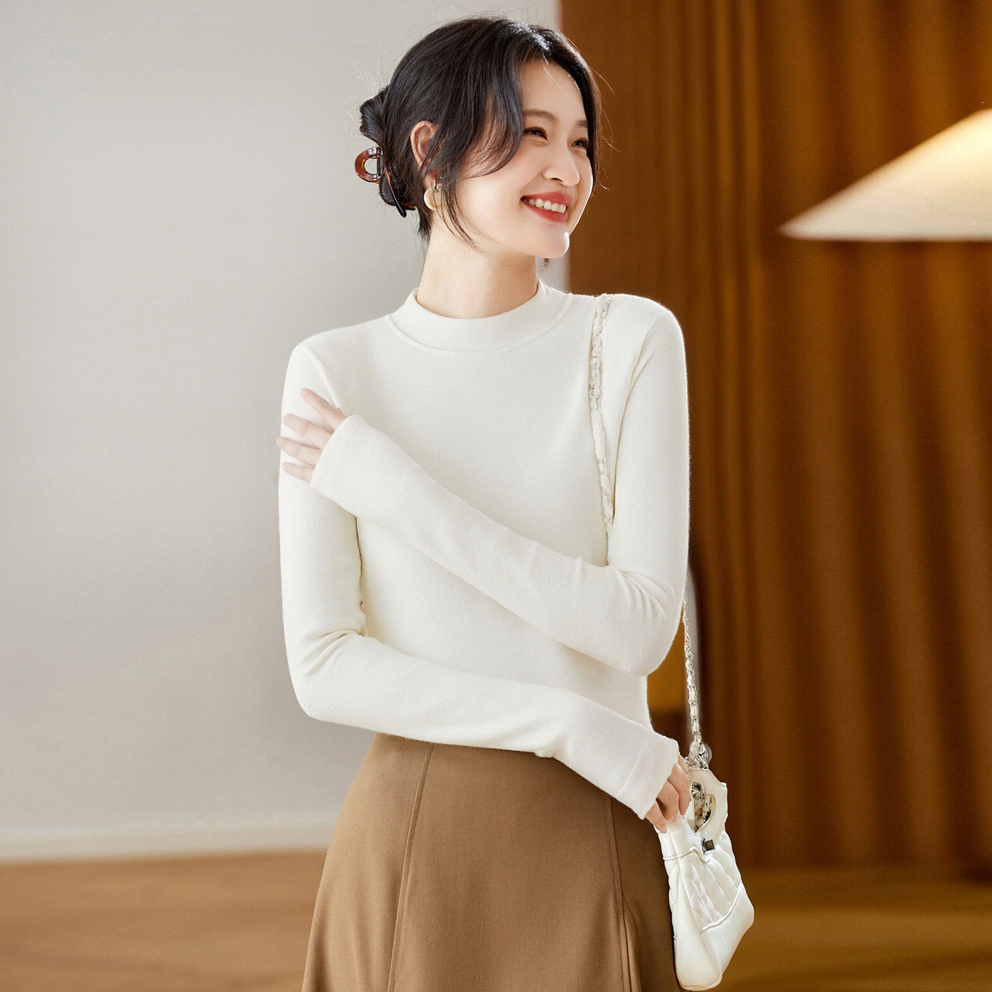 可风各T恤510529P45K72小立领天丝羊毛打底衫加绒,女装T恤,可风各