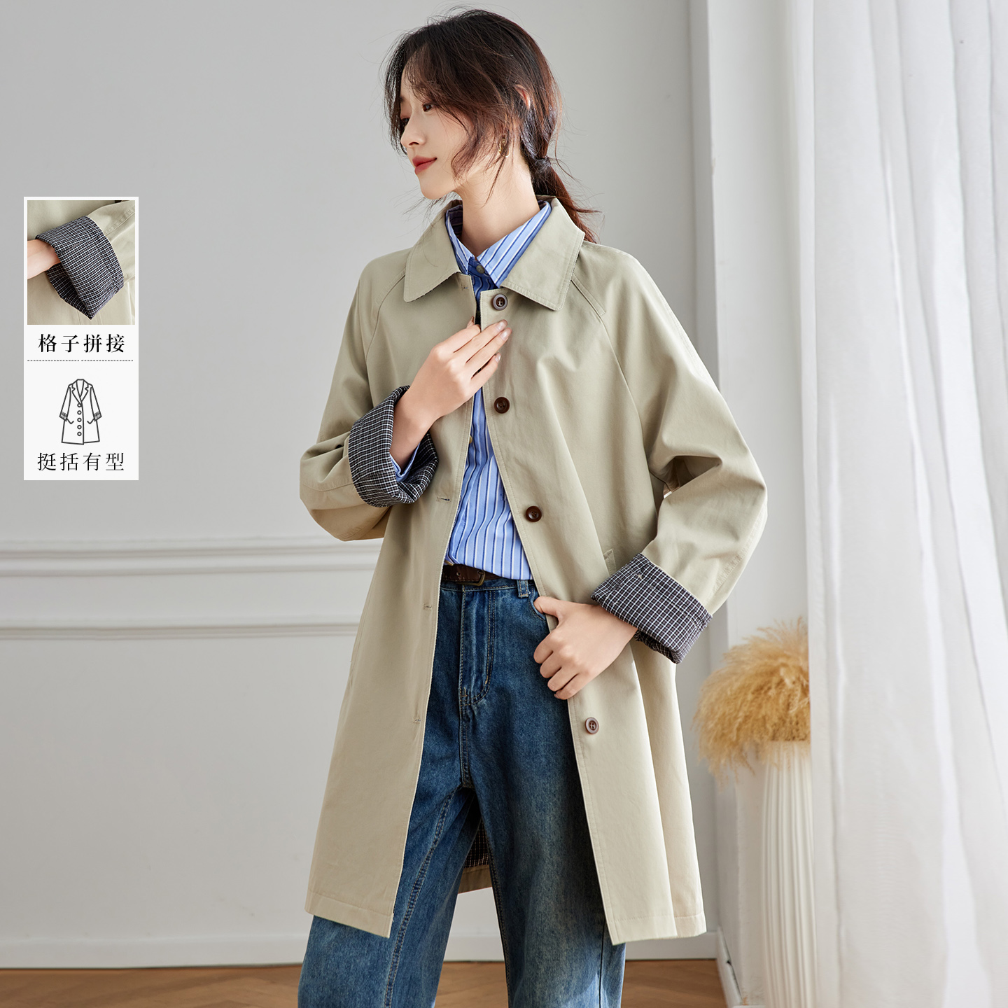 可风各风衣58102P199K318.4卡其色翻领通勤风衣外套女，女装风衣，可风各